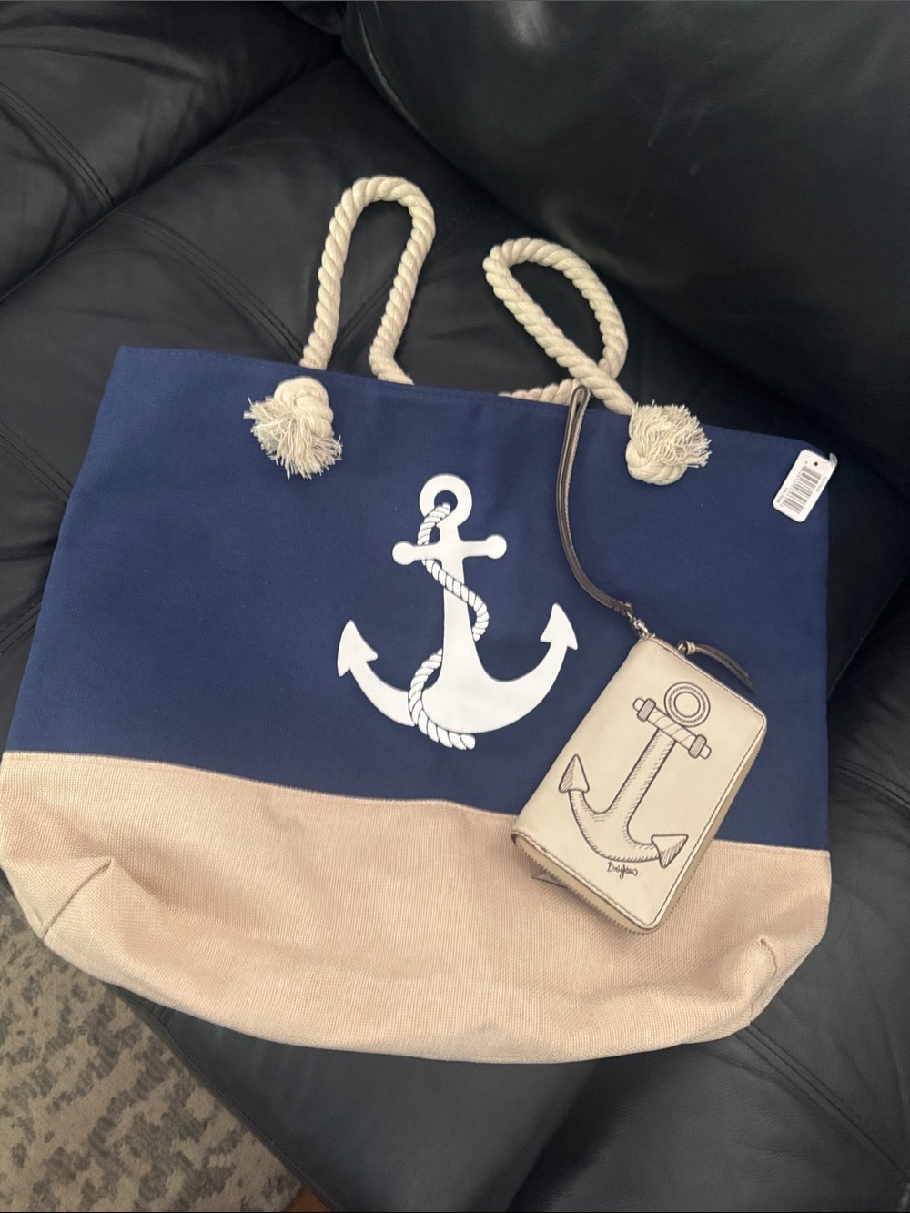 Navy and Beige Anchor Tote Bag with Rope Handles and Brighton wallet/wristlet